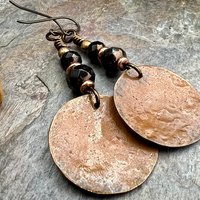 Copper Disc Earrings, Czech Glass Beads, Hypoallergenic Ear Wires, Earthy Tribal, Boho Chic Style, Large Dangle Discs, Handmade Metal Art