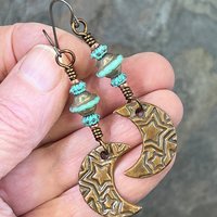 Crescent Moon Earrings, Copper Moon, Celestial Jewelry, Celtic Spirals, Witch Earrings, Pagan Spiritual, Crystal Beads, Moon Goddess