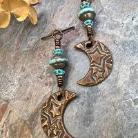 Crescent Moon Earrings, Copper Moon, Celestial Jewelry, Celtic Spirals, Witch Earrings, Pagan Spiritual, Crystal Beads, Moon Goddess