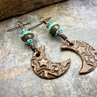 Crescent Moon Earrings, Copper Moon, Celestial Jewelry, Celtic Spirals, Witch Earrings, Pagan Spiritual, Crystal Beads, Moon Goddess