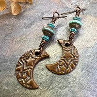 Crescent Moon Earrings, Copper Moon, Celestial Jewelry, Celtic Spirals, Witch Earrings, Pagan Spiritual, Crystal Beads, Moon Goddess