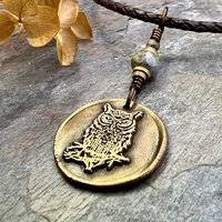 Owl Bronze Pendant, Wax Seal Charm, Czech Glass Bead, Magical Wise, Tree Branches, Pagan Samhain, Celtic Witch Jewelry, Earthy Rustic