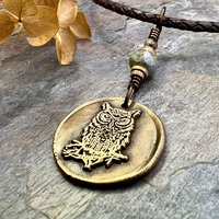 Owl Bronze Pendant, Wax Seal Charm, Czech Glass Bead, Magical Wise, Tree Branches, Pagan Samhain, Celtic Witch Jewelry, Earthy Rustic