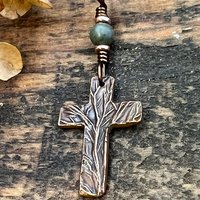 Tree Cross Charm, Copper Pendant, Tree Branches, Connemara Marble, Irish Celtic, Leather & Vegan Cords, Handmade Art Jewelry, Tree of Life