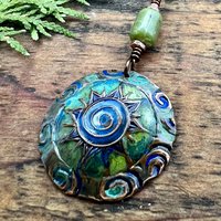 Celtic Sun Spiral Necklace, Copper Patina Pendant, Connemara Marble, Irish Celtic Spirals, Colorful Sun, Blue Green, Pagan Celtic Witch Gift