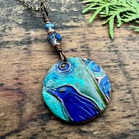 Copper Raven Pendant, Colorful Patina, Czech Glass Beads, Hand Carved, Irish Celtic Spirals, Celtic Witch Goddess, Crow Corvid Birds, Earthy