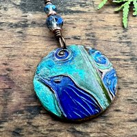 Copper Raven Pendant, Colorful Patina, Czech Glass Beads, Hand Carved, Irish Celtic Spirals, Celtic Witch Goddess, Crow Corvid Birds, Earthy