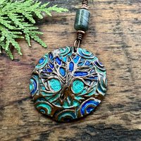 Tree of Life Pendant, Copper Colorful Patina, Connemara Marble, Hand Carved, Irish Celtic Spirals, Celtic Witch Goddess, Ancient Earthy Art