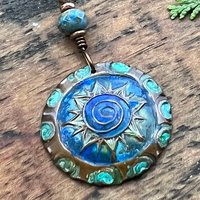 Celtic Sun Spiral Necklace, Copper Patina Pendant, Czech Glass Bead, Irish Celtic Spirals, Colorful Sun, Blue Green, Pagan Celtic Witch Gift