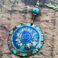 Celtic Sun Spiral Necklace, Copper Patina Pendant, Czech Glass Bead, Irish Celtic Spirals, Colorful Sun, Blue Green, Pagan Celtic Witch Gift