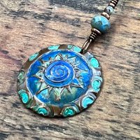 Celtic Sun Spiral Necklace, Copper Patina Pendant, Czech Glass Bead, Irish Celtic Spirals, Colorful Sun, Blue Green, Pagan Celtic Witch Gift