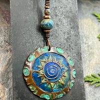 Celtic Sun Spiral Necklace, Copper Patina Pendant, Czech Glass Bead, Irish Celtic Spirals, Colorful Sun, Blue Green, Pagan Celtic Witch Gift