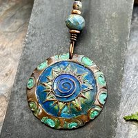 Celtic Sun Spiral Necklace, Copper Patina Pendant, Czech Glass Bead, Irish Celtic Spirals, Colorful Sun, Blue Green, Pagan Celtic Witch Gift