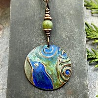 Copper Raven Pendant, Colorful Patina, Connemara Marble, Hand Carved, Irish Celtic Spirals, Celtic Witch Goddess, Crow Corvid Birds, Earthy