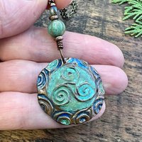 Triskele Copper Pendant, Verdigris Patina, Hand Carved, Connemara Marble, Triskelion Triple Spiral, Irish Celtic Pagan, Newgrange Ireland