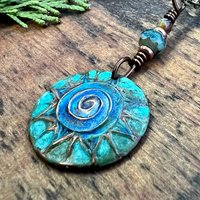 Celtic Sun Spiral Necklace, Copper Patina Pendant, Czech Glass Bead, Irish Celtic Spirals, Colorful Sun, Blue Green, Pagan Celtic Witch Gift