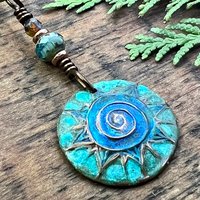 Celtic Sun Spiral Necklace, Copper Patina Pendant, Czech Glass Bead, Irish Celtic Spirals, Colorful Sun, Blue Green, Pagan Celtic Witch Gift