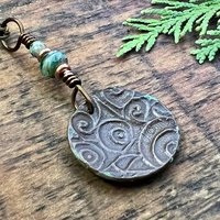 Celtic Sun Spiral Necklace, Copper Patina Pendant, Czech Glass Bead, Irish Celtic Spirals, Colorful Sun, Blue Green, Pagan Celtic Witch Gift