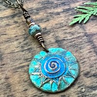 Celtic Sun Spiral Necklace, Copper Patina Pendant, Czech Glass Bead, Irish Celtic Spirals, Colorful Sun, Blue Green, Pagan Celtic Witch Gift