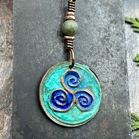 Triskele Copper Pendant, Verdigris Patina, Hand Carved, Connemara Marble, Triskelion Triple Spiral, Irish Celtic Pagan, Newgrange Ireland