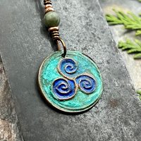 Triskele Copper Pendant, Verdigris Patina, Hand Carved, Connemara Marble, Triskelion Triple Spiral, Irish Celtic Pagan, Newgrange Ireland