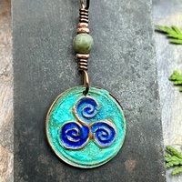 Triskele Copper Pendant, Verdigris Patina, Hand Carved, Connemara Marble, Triskelion Triple Spiral, Irish Celtic Pagan, Newgrange Ireland