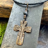 Tree Cross Charm, Copper Pendant, Tree Branches, Kilkenny Black Marble, Irish Celtic, Leather & Vegan Cords, Art Jewelry, Tree of Life Druid