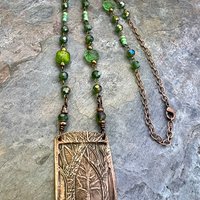 Into The Woods, Copper Tree Necklace, Green Crystal Beads, Rosary Style Beads, Celtic Green Witch, Forest Woodland Jewelry, Pagan Druid Gift