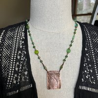 Into The Woods, Copper Tree Necklace, Green Crystal Beads, Rosary Style Beads, Celtic Green Witch, Forest Woodland Jewelry, Pagan Druid Gift