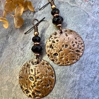 Copper Disc Earrings, Czech Glass Beads, Hypoallergenic Ear Wires, Earthy Tribal, Boho Chic Style, Large Dangle Discs, Handmade Metal Art