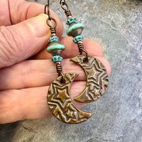 Crescent Moon Earrings, Copper Moon, Celestial Jewelry, Celtic Spirals, Witch Earrings, Pagan Spiritual, Crystal Beads, Moon Goddess