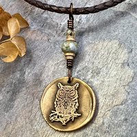 Owl Bronze Pendant, Wax Seal Charm, Czech Glass Bead, Magical Wise, Tree Branches, Pagan Samhain, Celtic Witch Jewelry, Earthy Rustic