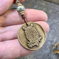 Owl Bronze Pendant, Wax Seal Charm, Czech Glass Bead, Magical Wise, Tree Branches, Pagan Samhain, Celtic Witch Jewelry, Earthy Rustic