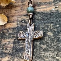 Tree Cross Charm, Copper Pendant, Tree Branches, Connemara Marble, Irish Celtic, Leather & Vegan Cords, Handmade Art Jewelry, Tree of Life
