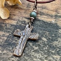 Tree Cross Charm, Copper Pendant, Tree Branches, Connemara Marble, Irish Celtic, Leather & Vegan Cords, Handmade Art Jewelry, Tree of Life