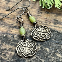 Celtic Knotwork, Bronze Earrings, Irish Celtic Jewelry, Connemara Marble, Hypoallergenic, Niobium Ear Wires, St Patrick's Day, Eternity, Triple Goddess