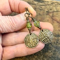 Celtic Knot, Bronze Earrings, Irish Celtic Jewelry, Green Czech Glass, Celtic Knots, St Patrick's Day, Eternity, Triple Goddess