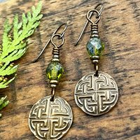 Celtic Knot, Bronze Earrings, Irish Celtic Jewelry, Green Czech Glass, Celtic Knots, St Patrick's Day, Eternity, Triple Goddess