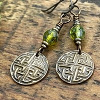 Celtic Knot, Bronze Earrings, Irish Celtic Jewelry, Green Czech Glass, Celtic Knots, St Patrick's Day, Eternity, Triple Goddess
