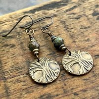 Tree of Life Earrings, Bronze Discs, Czech Glass Beads, Hypoallergenic Ear Wires, Earthy Jewelry, Hand Carved Trees, Boho Chic Style