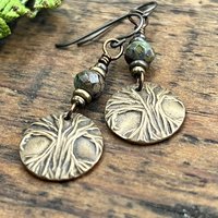 Tree of Life Earrings, Bronze Discs, Czech Glass Beads, Hypoallergenic Ear Wires, Earthy Jewelry, Hand Carved Trees, Boho Chic Style