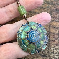 Celtic Sun Spiral Necklace, Copper Patina Pendant, Connemara Marble, Irish Celtic Spirals, Colorful Sun, Blue Green, Pagan Celtic Witch Gift