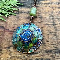 Celtic Sun Spiral Necklace, Copper Patina Pendant, Connemara Marble, Irish Celtic Spirals, Colorful Sun, Blue Green, Pagan Celtic Witch Gift