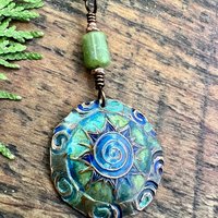 Celtic Sun Spiral Necklace, Copper Patina Pendant, Connemara Marble, Irish Celtic Spirals, Colorful Sun, Blue Green, Pagan Celtic Witch Gift