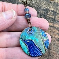 Copper Raven Pendant, Colorful Patina, Czech Glass Beads, Hand Carved, Irish Celtic Spirals, Celtic Witch Goddess, Crow Corvid Birds, Earthy