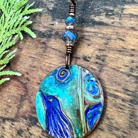 Copper Raven Pendant, Colorful Patina, Czech Glass Beads, Hand Carved, Irish Celtic Spirals, Celtic Witch Goddess, Crow Corvid Birds, Earthy