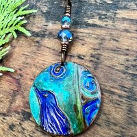 Copper Raven Pendant, Colorful Patina, Czech Glass Beads, Hand Carved, Irish Celtic Spirals, Celtic Witch Goddess, Crow Corvid Birds, Earthy