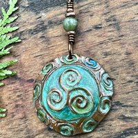 Triskele Copper Pendant, Verdigris Patina, Hand Carved, Connemara Marble, Triskelion Triple Spiral, Irish Celtic Pagan, Newgrange Ireland