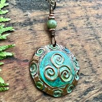 Triskele Copper Pendant, Verdigris Patina, Hand Carved, Connemara Marble, Triskelion Triple Spiral, Irish Celtic Pagan, Newgrange Ireland