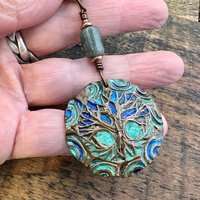 Tree of Life Pendant, Copper Colorful Patina, Connemara Marble, Hand Carved, Irish Celtic Spirals, Celtic Witch Goddess, Ancient Earthy Art